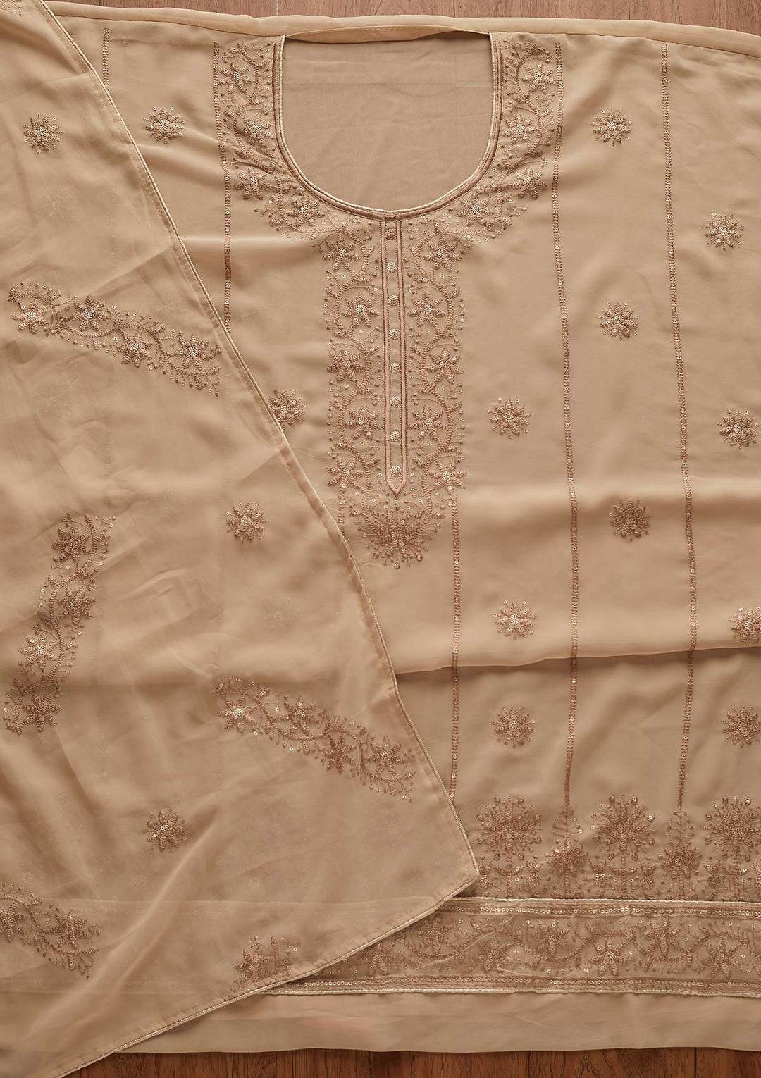 Beige Threadwork Georgette Designer Semi-Stitched Salwar Suit - Koskii