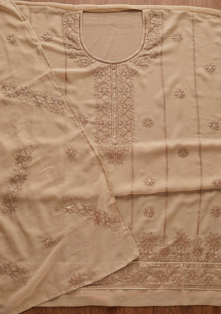 Beige Threadwork Georgette Designer Semi-Stitched Salwar Suit - Koskii