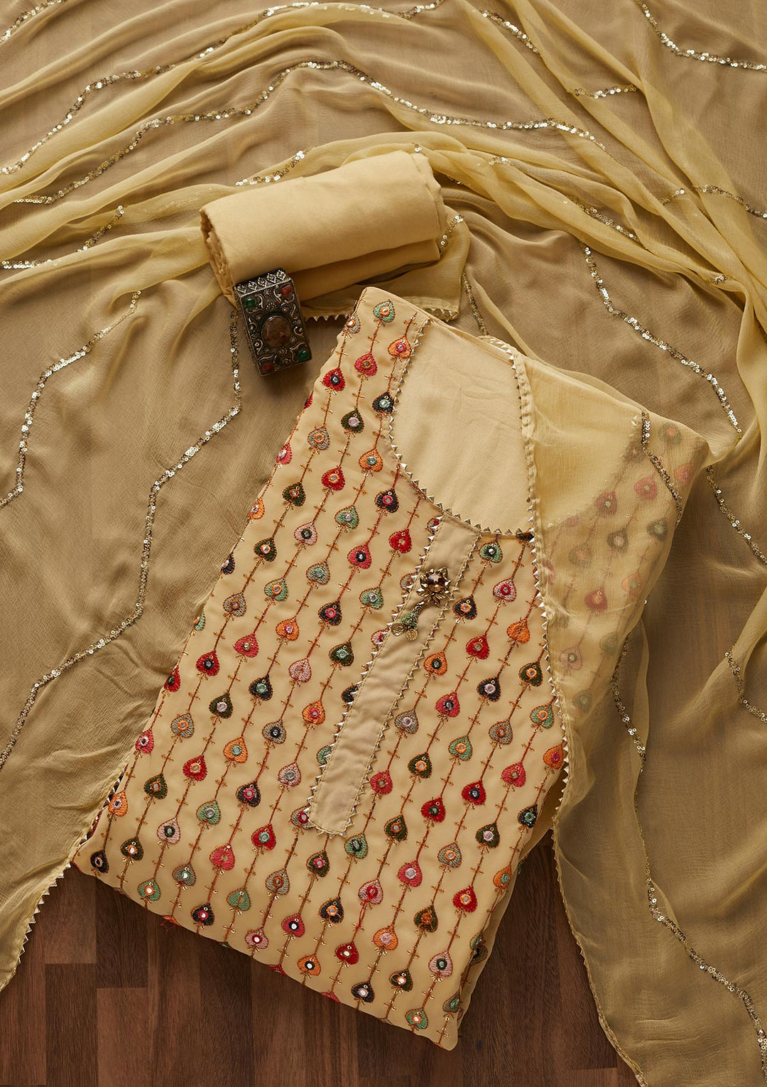 Beige Threadwork Georgette Designer Semi-Stitched Salwar Suit - Koskii