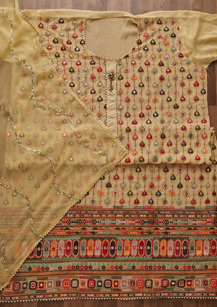 Beige Threadwork Georgette Designer Semi-Stitched Salwar Suit - Koskii