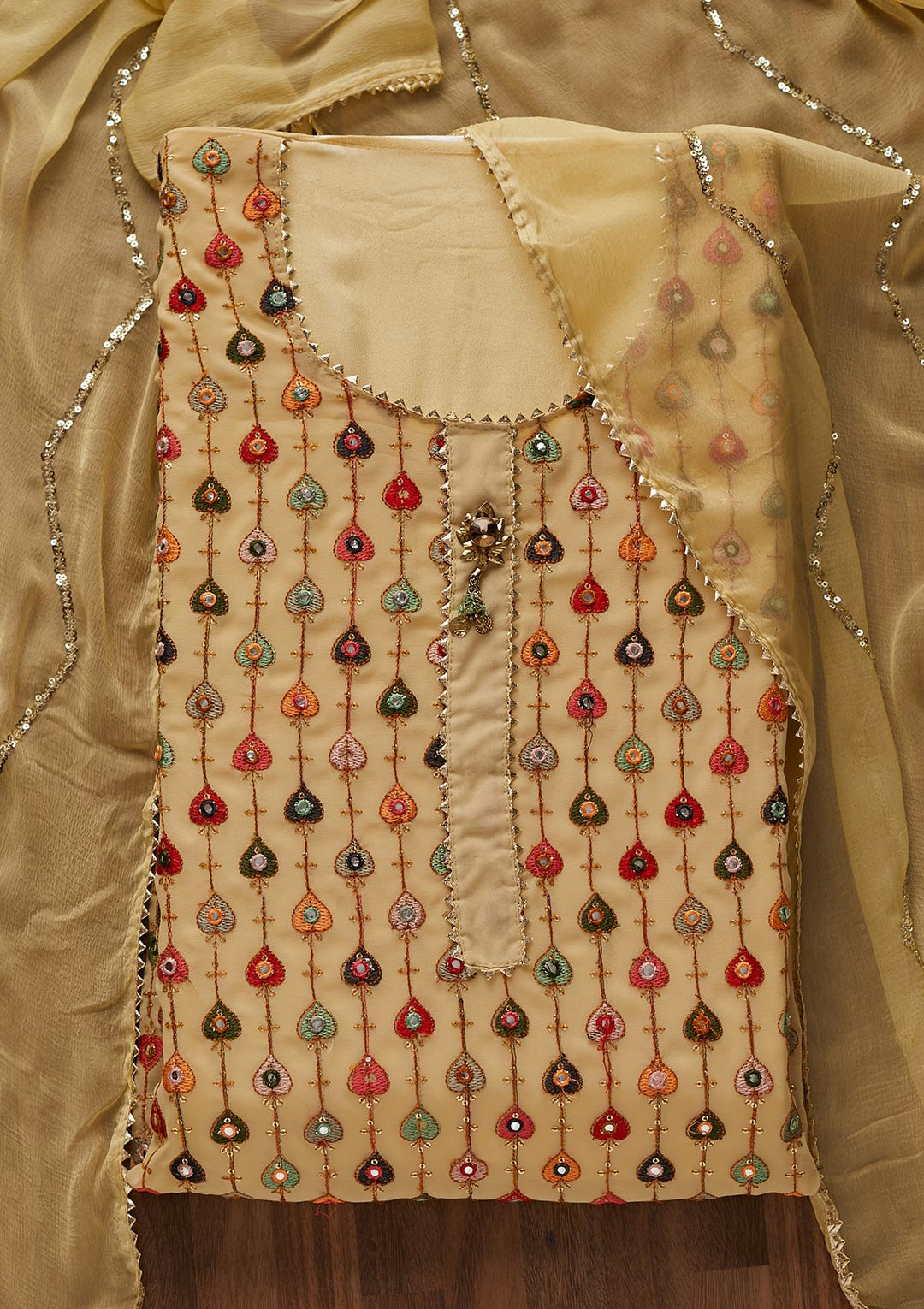 Beige Threadwork Georgette Designer Semi-Stitched Salwar Suit - Koskii