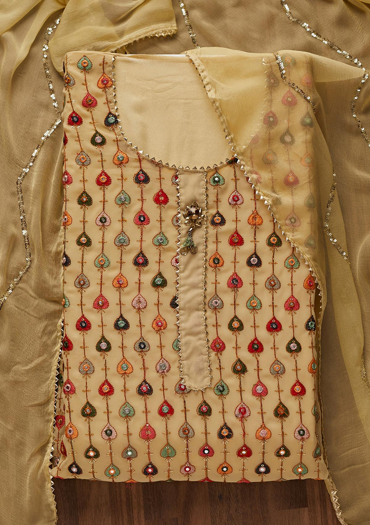 Beige Threadwork Georgette Designer Semi-Stitched Salwar Suit - Koskii