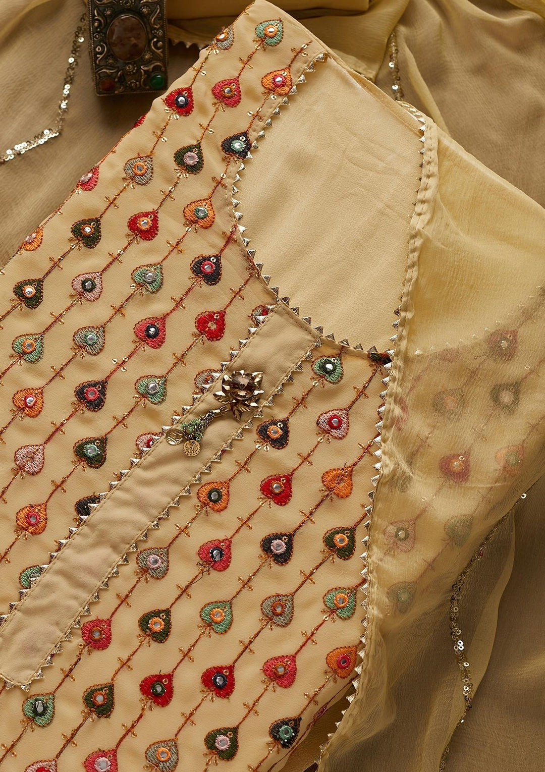 Beige Threadwork Georgette Designer Semi-Stitched Salwar Suit - Koskii