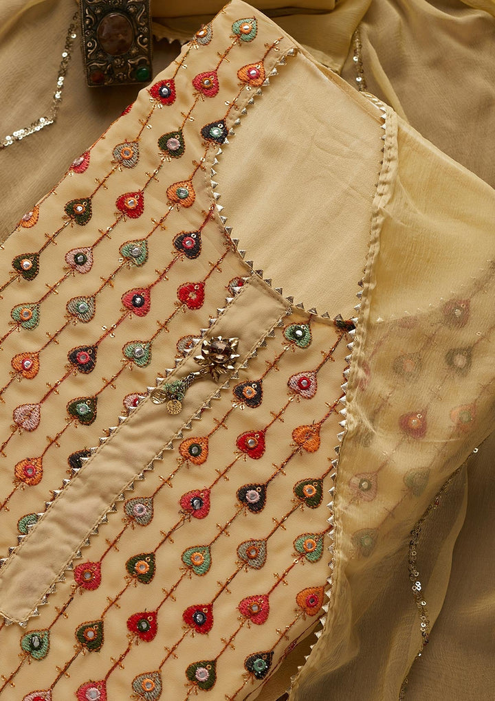 Beige Threadwork Georgette Designer Semi-Stitched Salwar Suit - Koskii