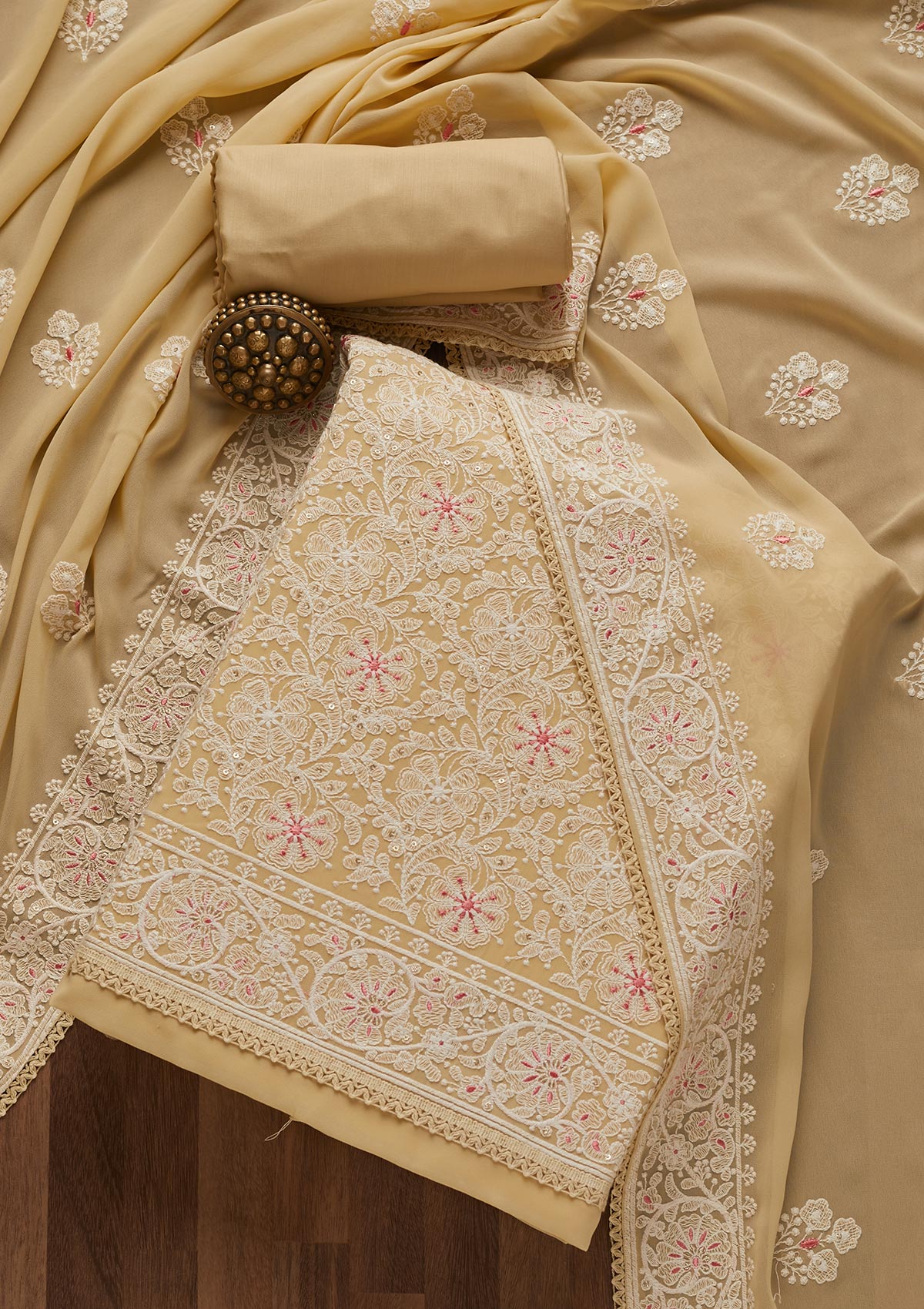 Beige Threadwork Georgette Semi-Stitched Salwar Suit- Koskii