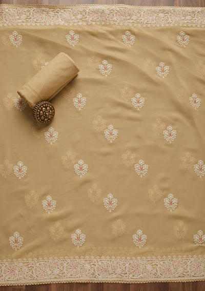 Beige Threadwork Georgette Semi-Stitched Salwar Suit - Koskii