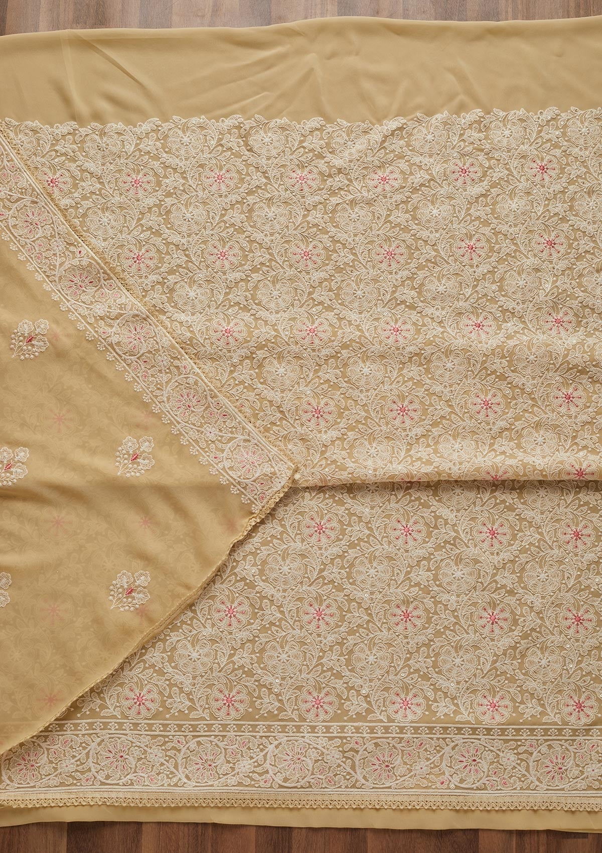 Beige Threadwork Georgette Semi-Stitched Salwar Suit - Koskii