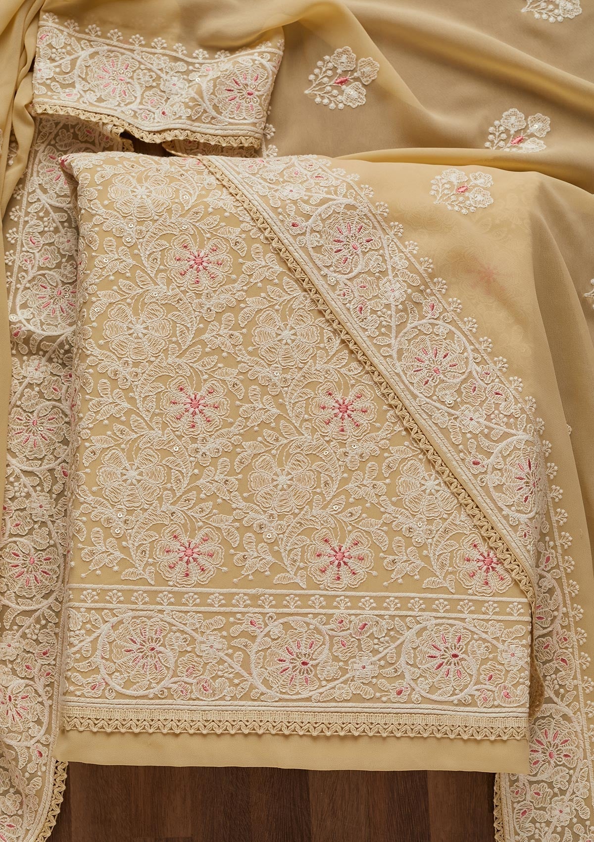 Beige Threadwork Georgette Semi-Stitched Salwar Suit - Koskii
