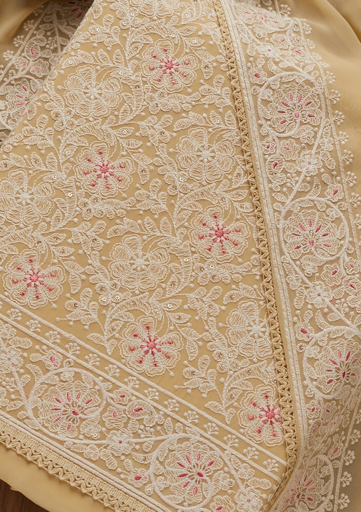 Beige Threadwork Georgette Semi-Stitched Salwar Suit - Koskii