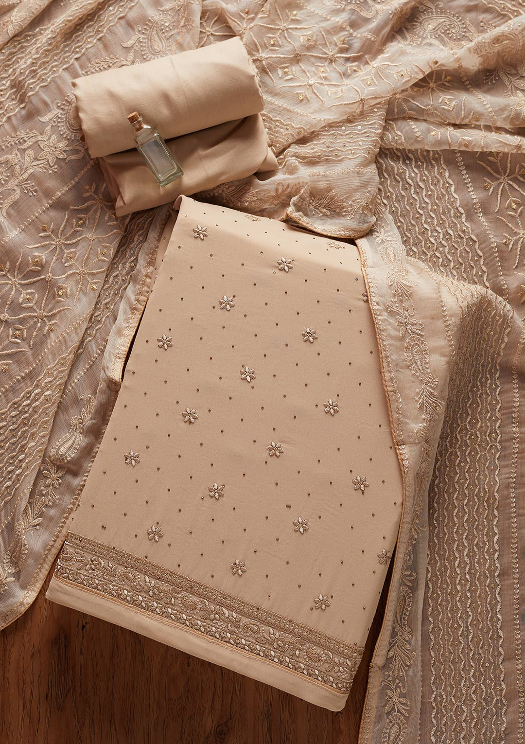 Beige Threadwork Georgette Designer Unstitched Salwar Suit - koskii