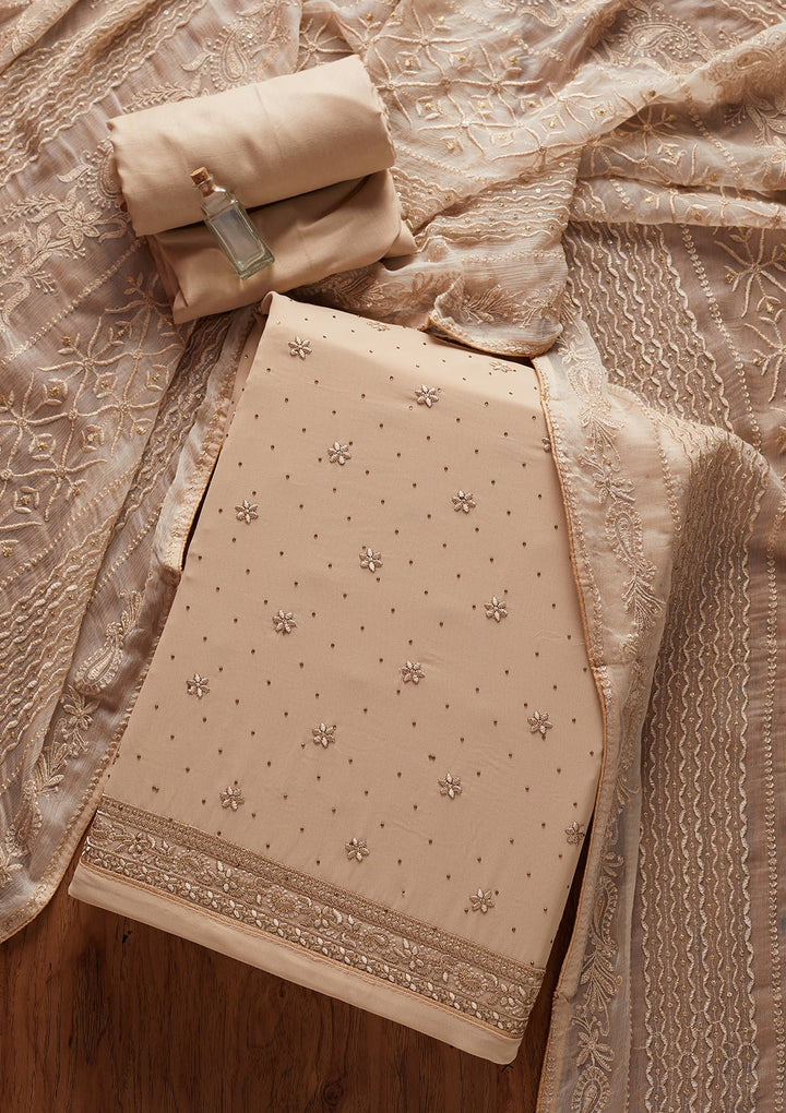 Beige Threadwork Georgette Designer Unstitched Salwar Suit - koskii