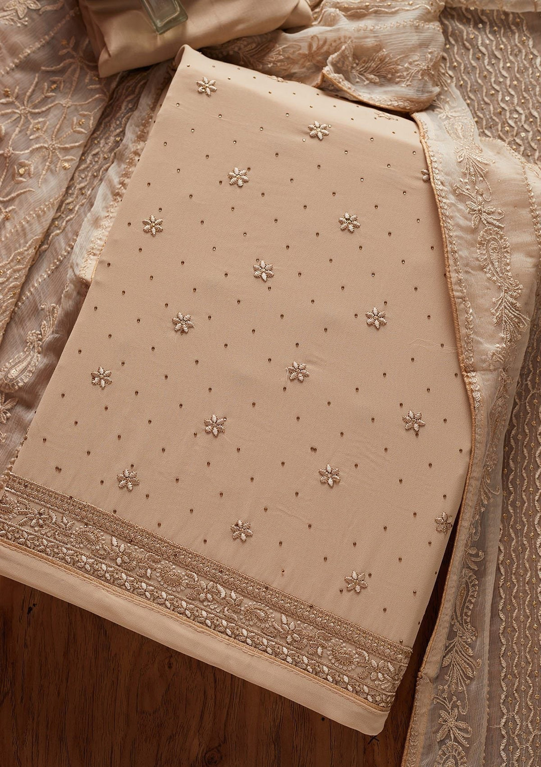 Beige Threadwork Georgette Designer Unstitched Salwar Suit - koskii