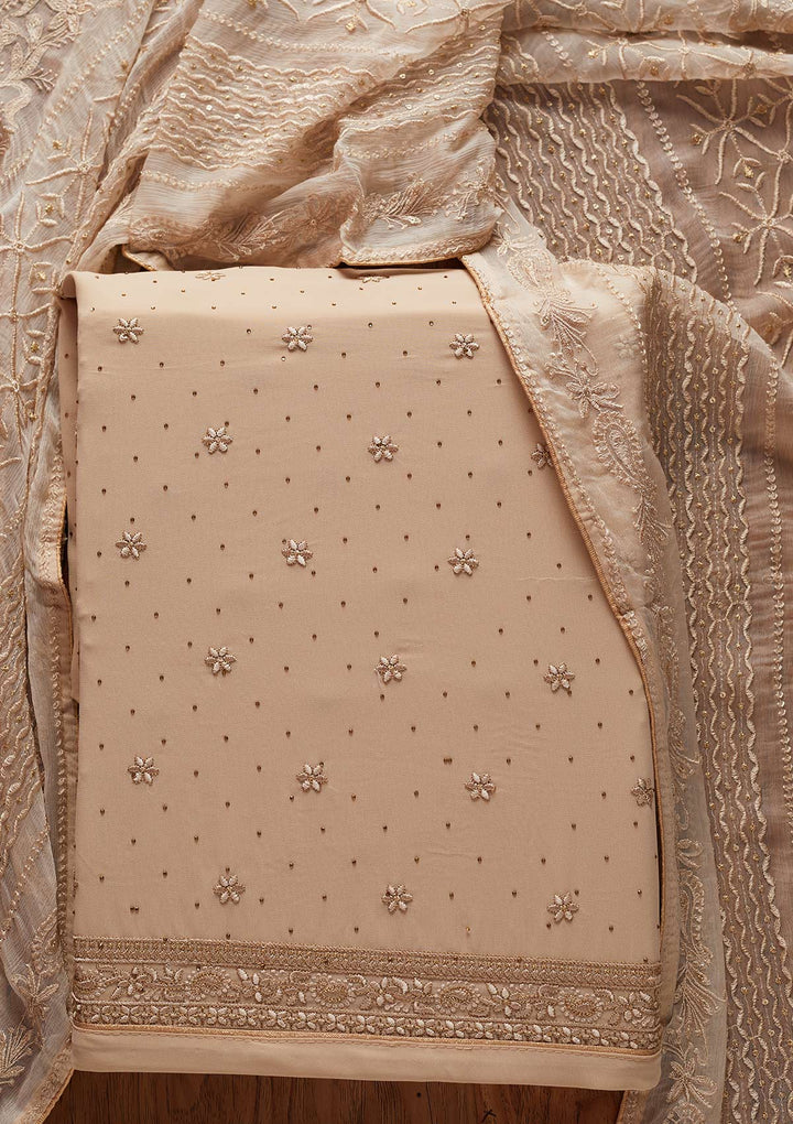 Beige Threadwork Georgette Designer Unstitched Salwar Suit - koskii