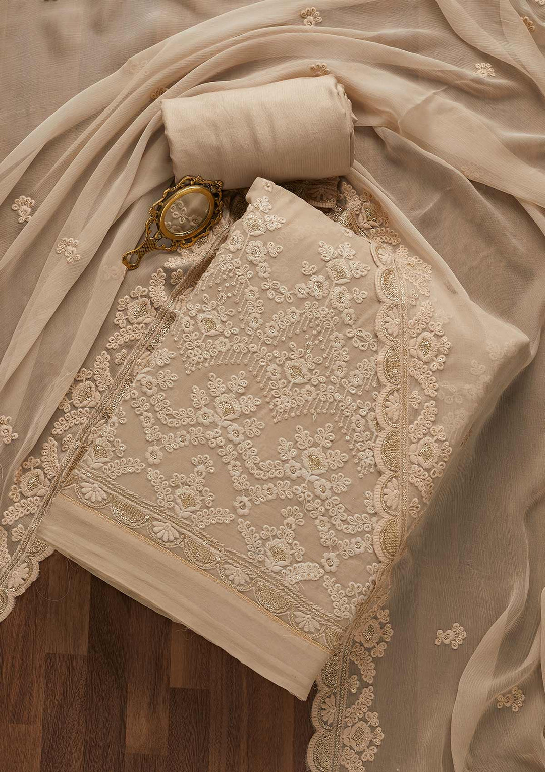 Beige Threadwork Georgette Unstitched Salwar Suit-Koskii