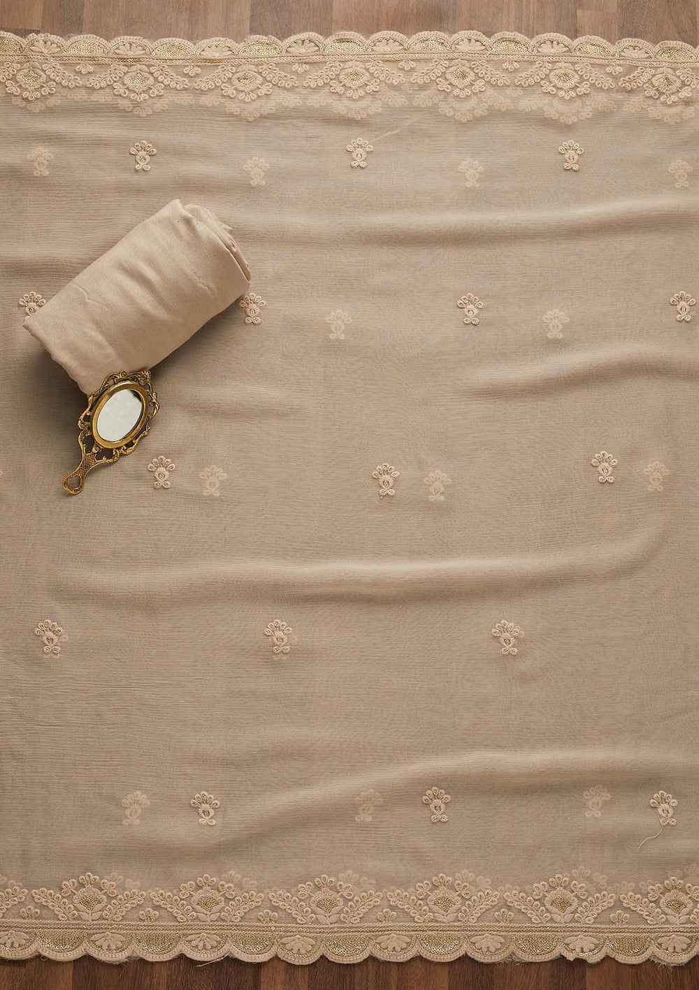 Beige Threadwork Georgette Unstitched Salwar Suit-Koskii