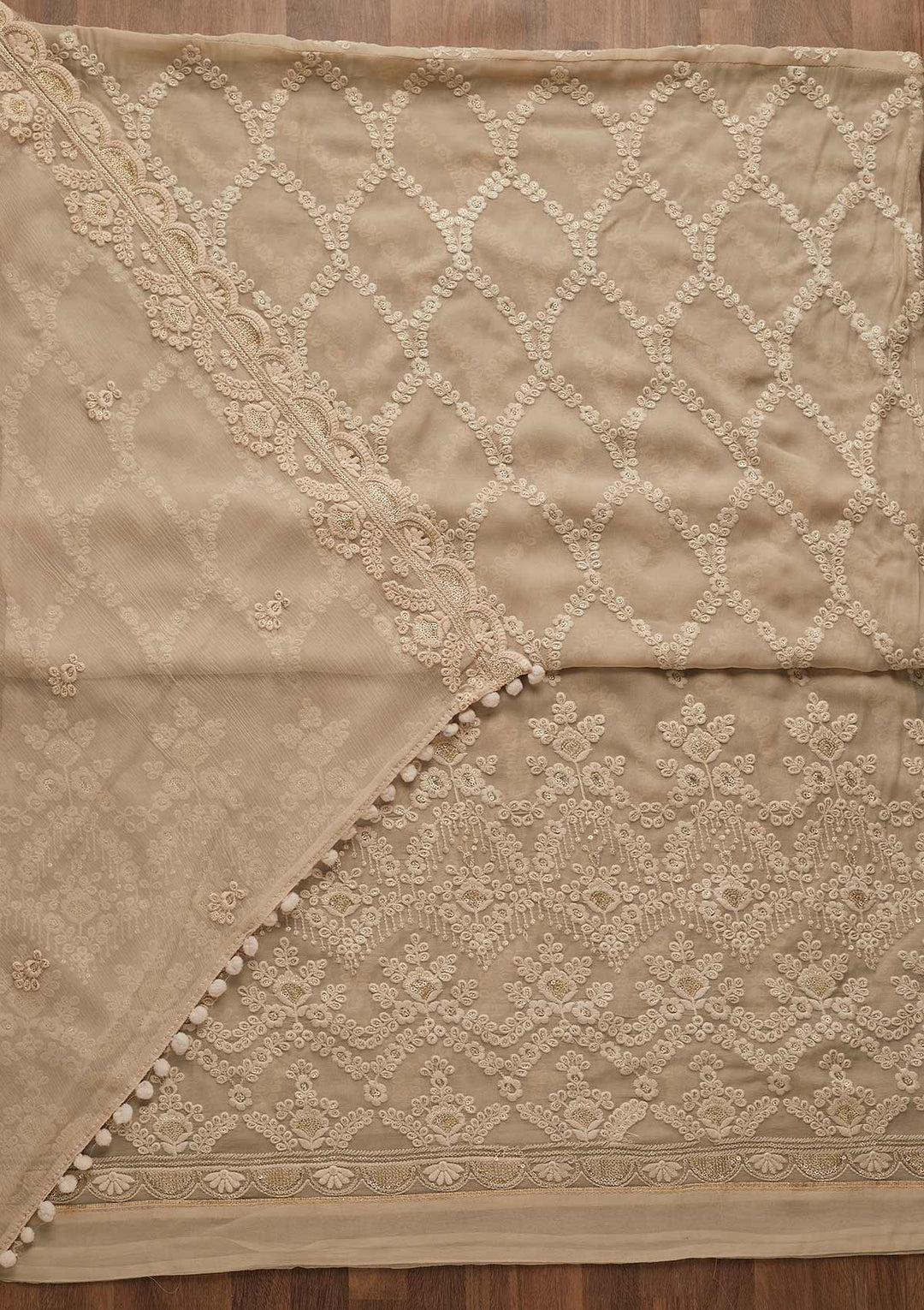 Beige Threadwork Georgette Unstitched Salwar Suit-Koskii