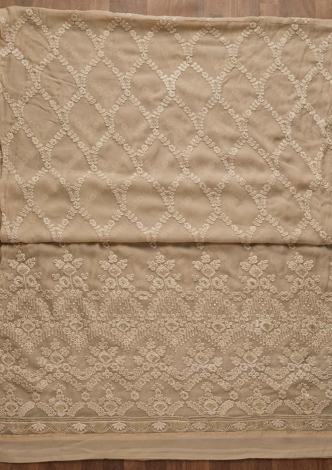 Beige Threadwork Georgette Unstitched Salwar Suit-Koskii