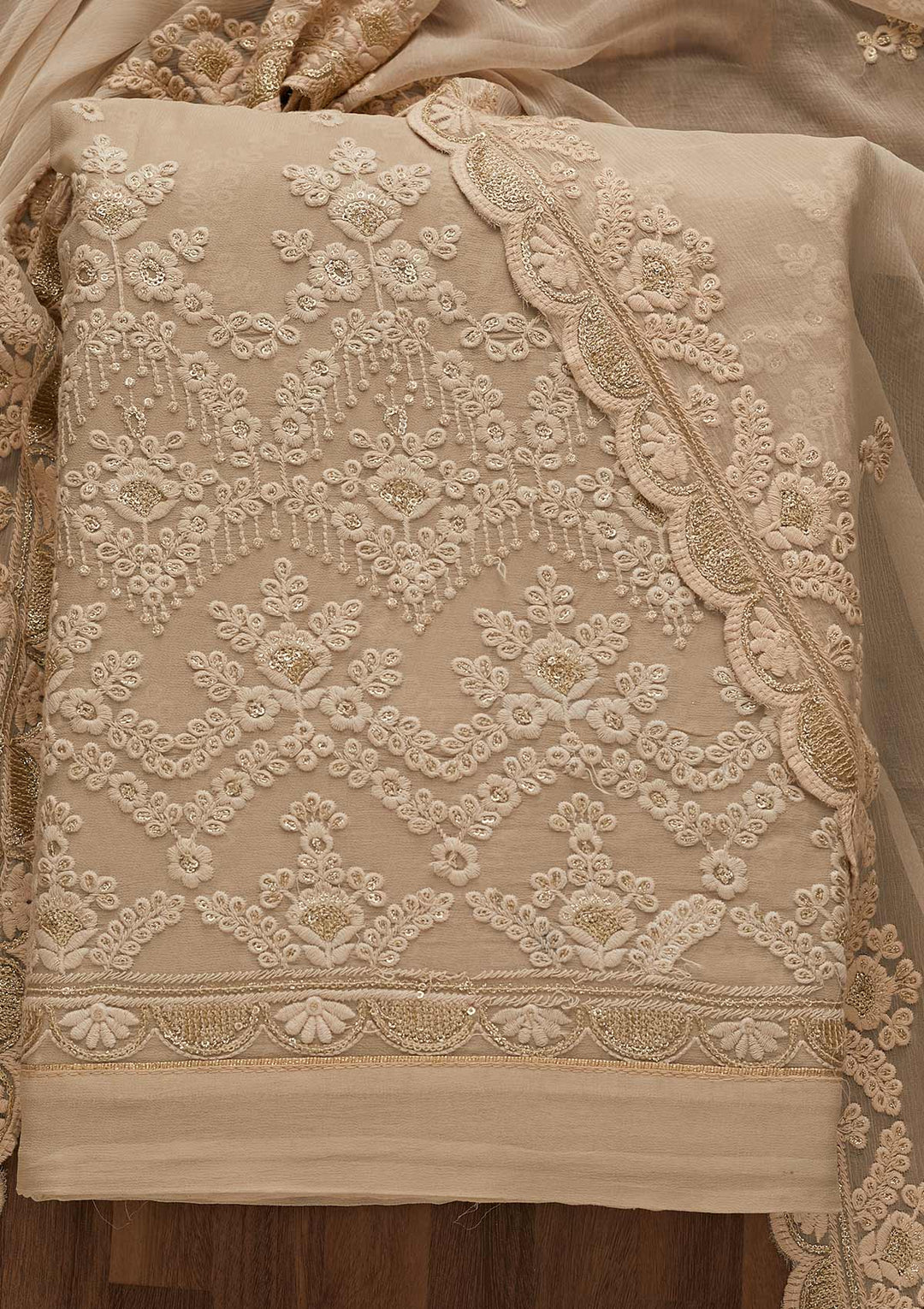 Beige Threadwork Georgette Unstitched Salwar Suit-Koskii