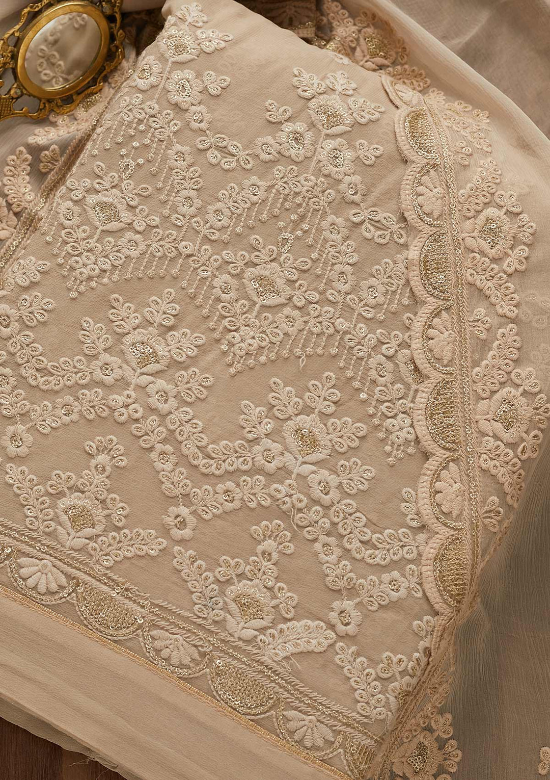 Beige Threadwork Georgette Unstitched Salwar Suit-Koskii