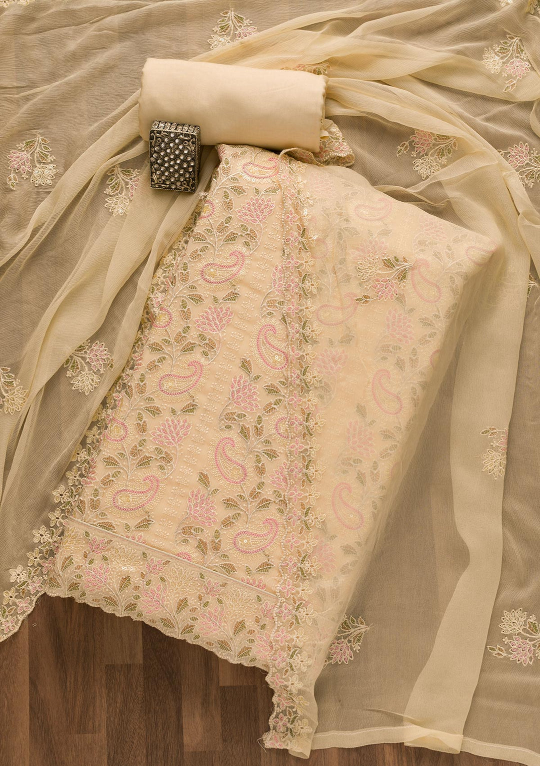 Beige Threadwork Georgette Unstitched Salwar Suit-Koskii