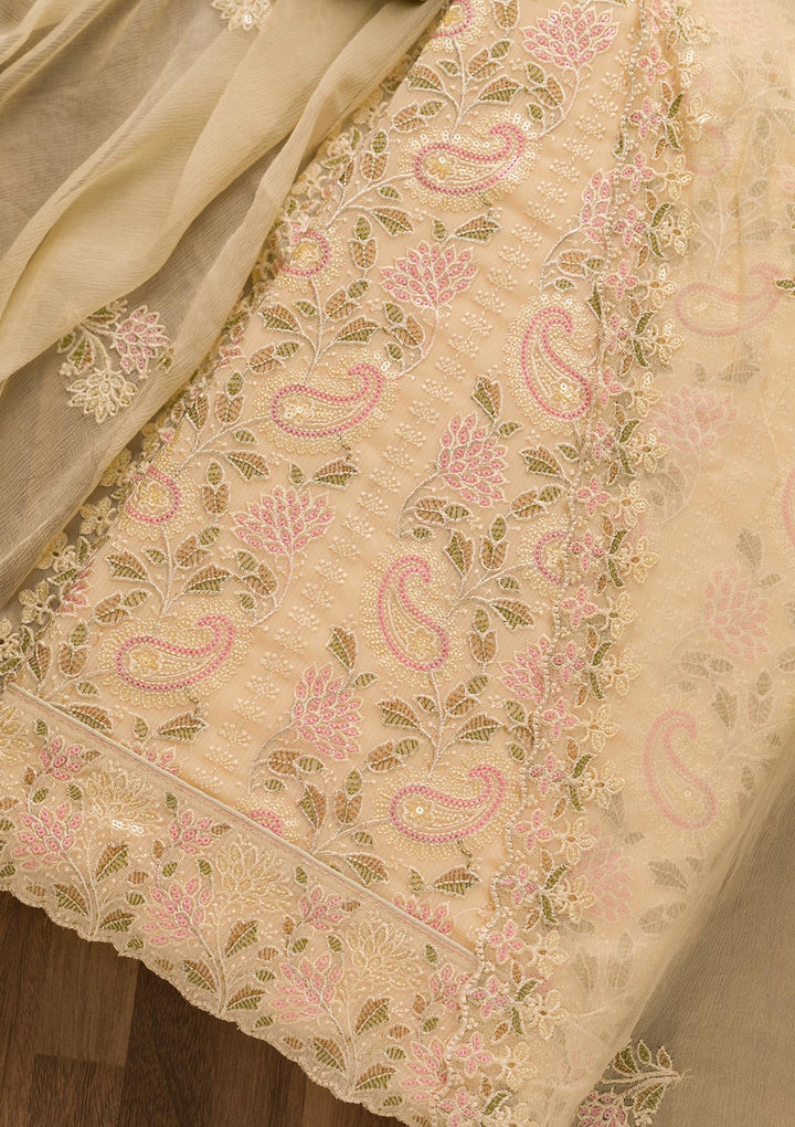 Beige Threadwork Georgette Unstitched Salwar Suit-Koskii