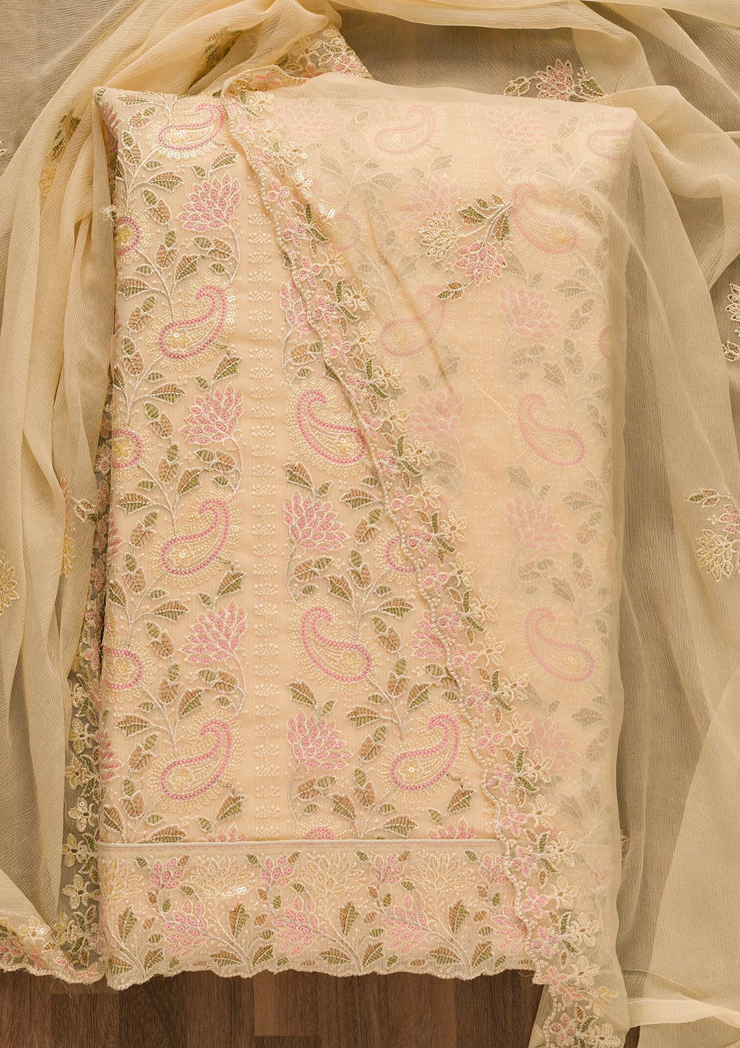 Beige Threadwork Georgette Unstitched Salwar Suit-Koskii
