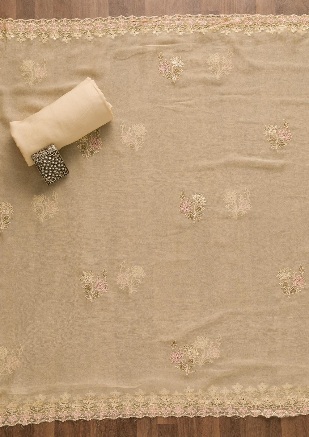 Beige Threadwork Georgette Unstitched Salwar Suit-Koskii