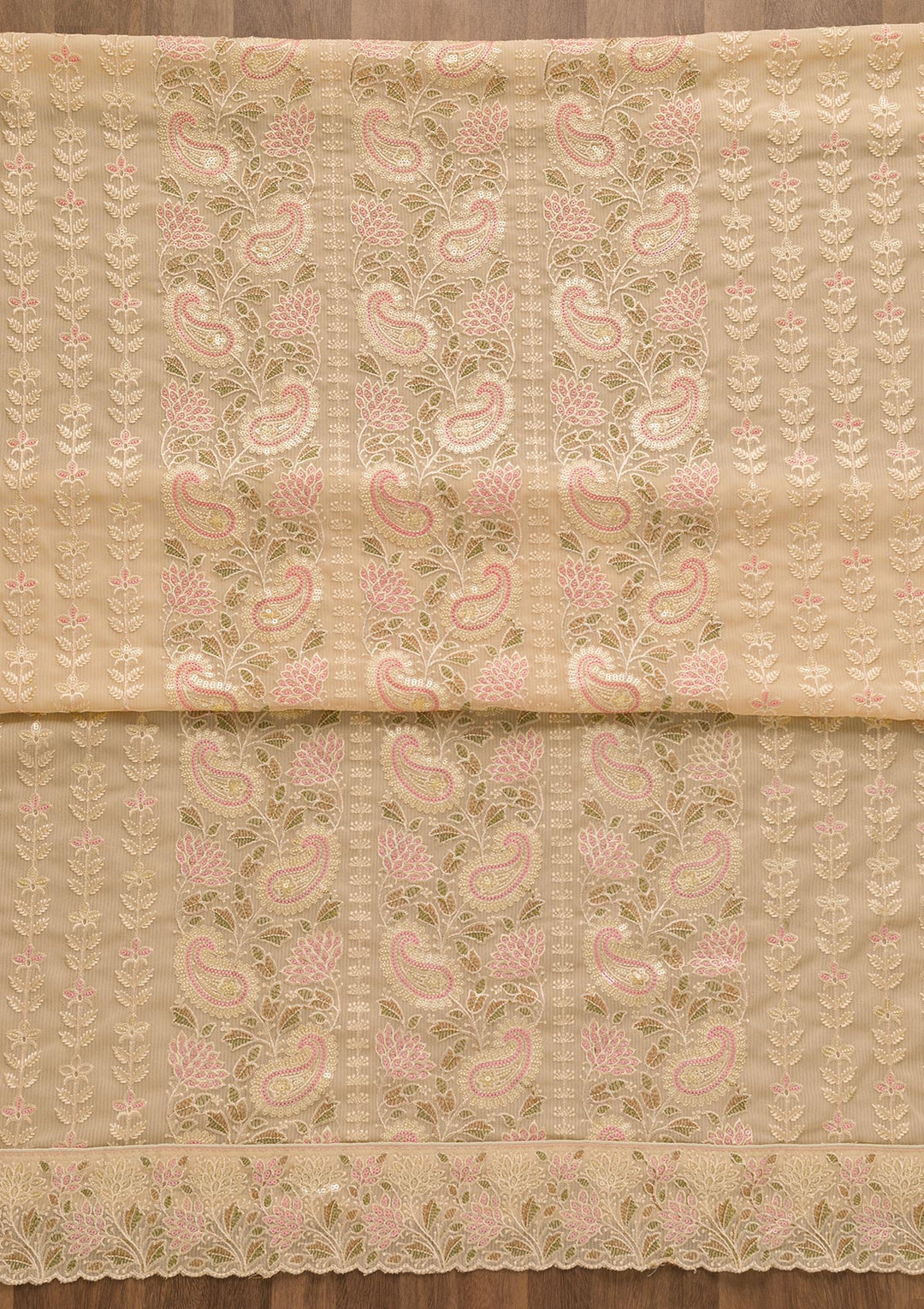 Beige Threadwork Georgette Unstitched Salwar Suit-Koskii