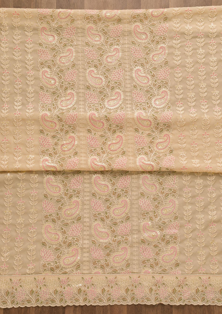 Beige Threadwork Georgette Unstitched Salwar Suit-Koskii