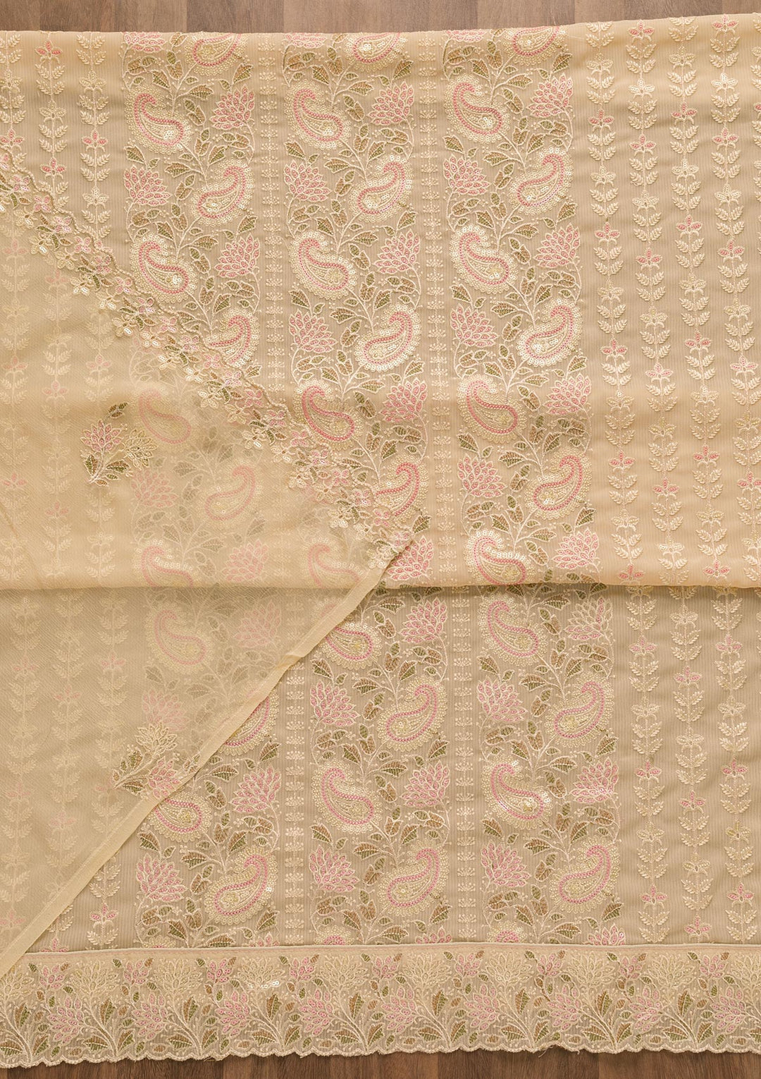 Beige Threadwork Georgette Unstitched Salwar Suit-Koskii