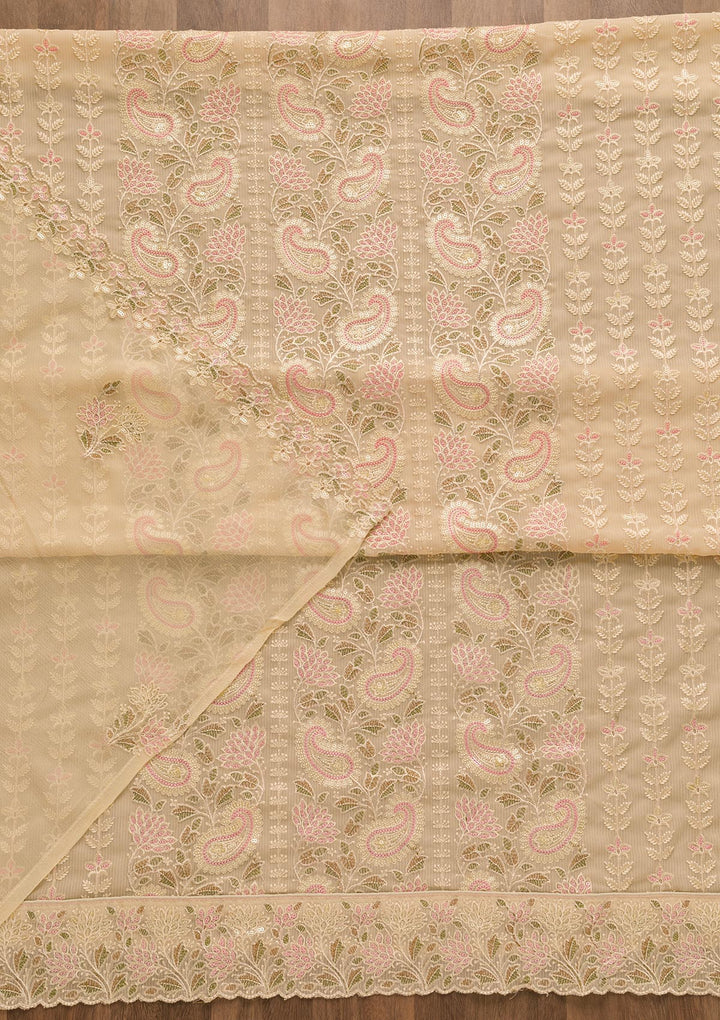 Beige Threadwork Georgette Unstitched Salwar Suit-Koskii