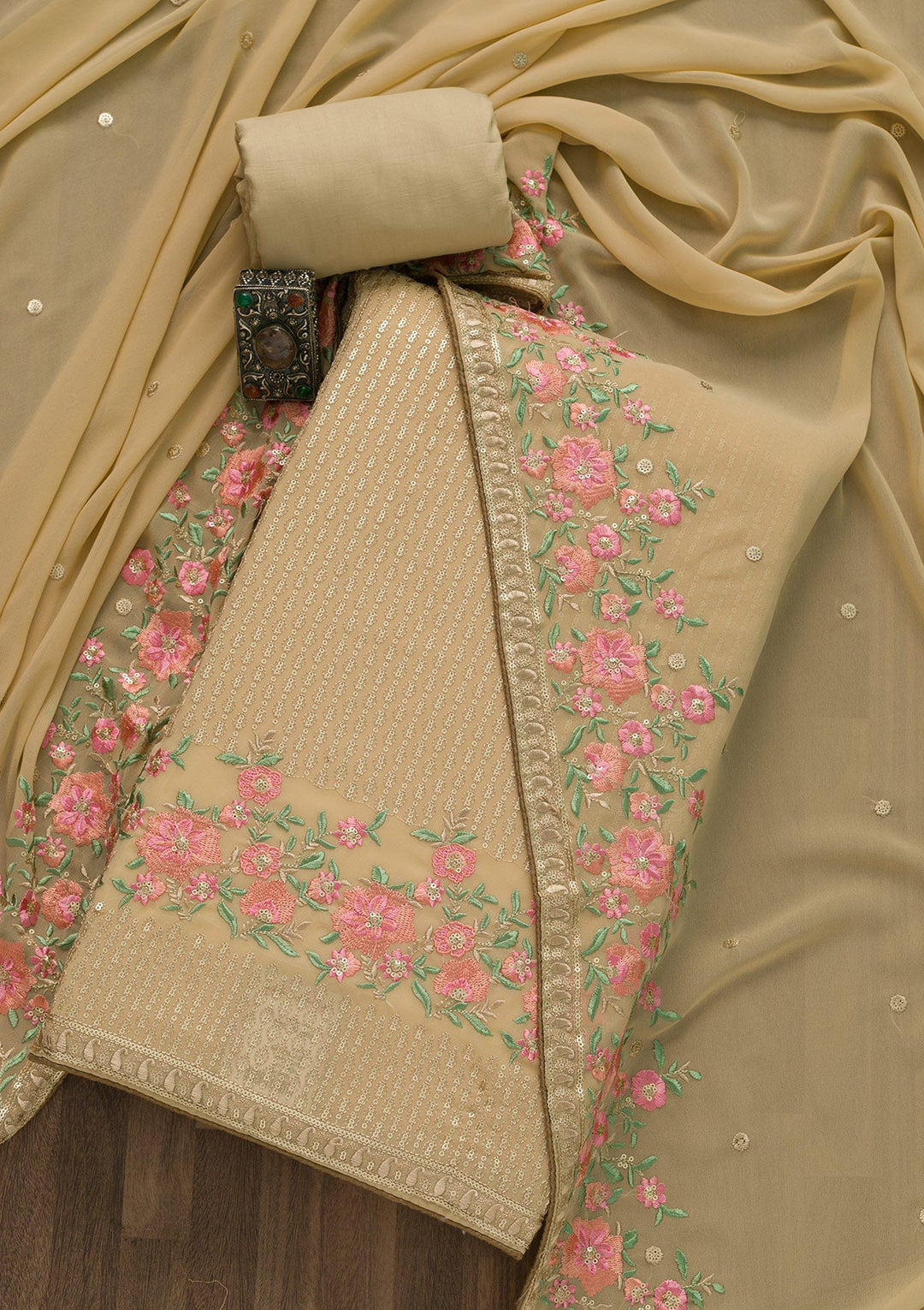 Beige Threadwork Georgette Unstitched Salwar Suit-Koskii