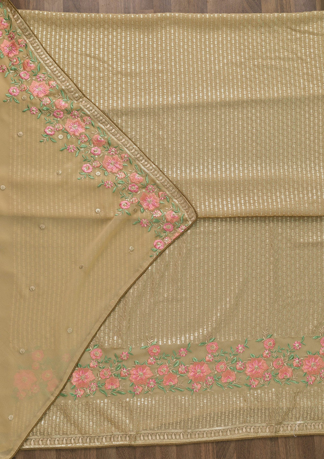 Beige Threadwork Georgette Unstitched Salwar Suit-Koskii