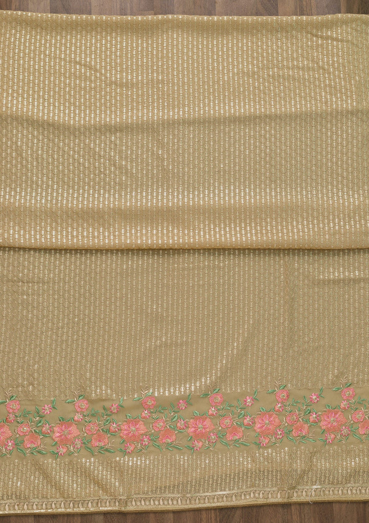 Beige Threadwork Georgette Unstitched Salwar Suit-Koskii