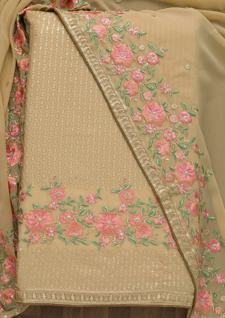 Beige Threadwork Georgette Unstitched Salwar Suit-Koskii