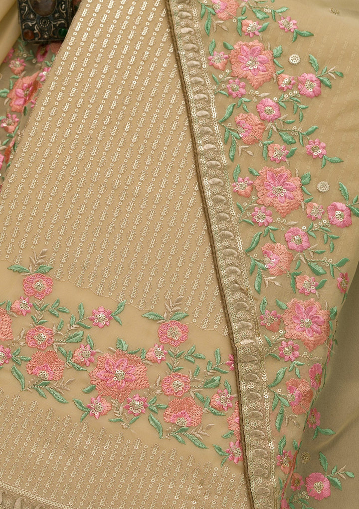 Beige Threadwork Georgette Unstitched Salwar Suit-Koskii