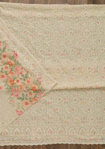 Beige Threadwork Georgette Unstitched Salwar Suit-Koskii