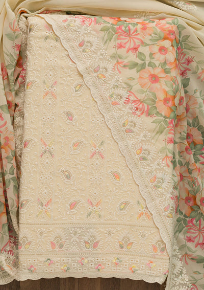 Beige Threadwork Georgette Unstitched Salwar Suit-Koskii