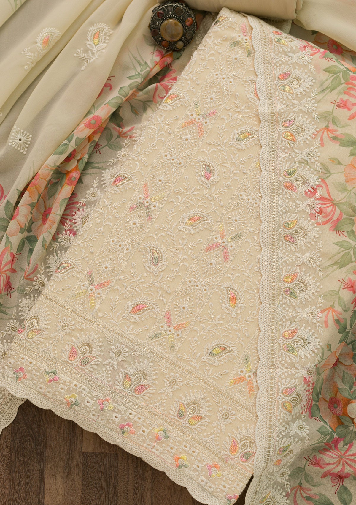Beige Threadwork Georgette Unstitched Salwar Suit-Koskii