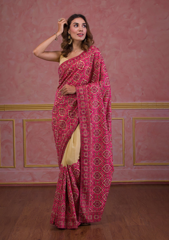 Beige Threadwork Georgette Saree-Koskii