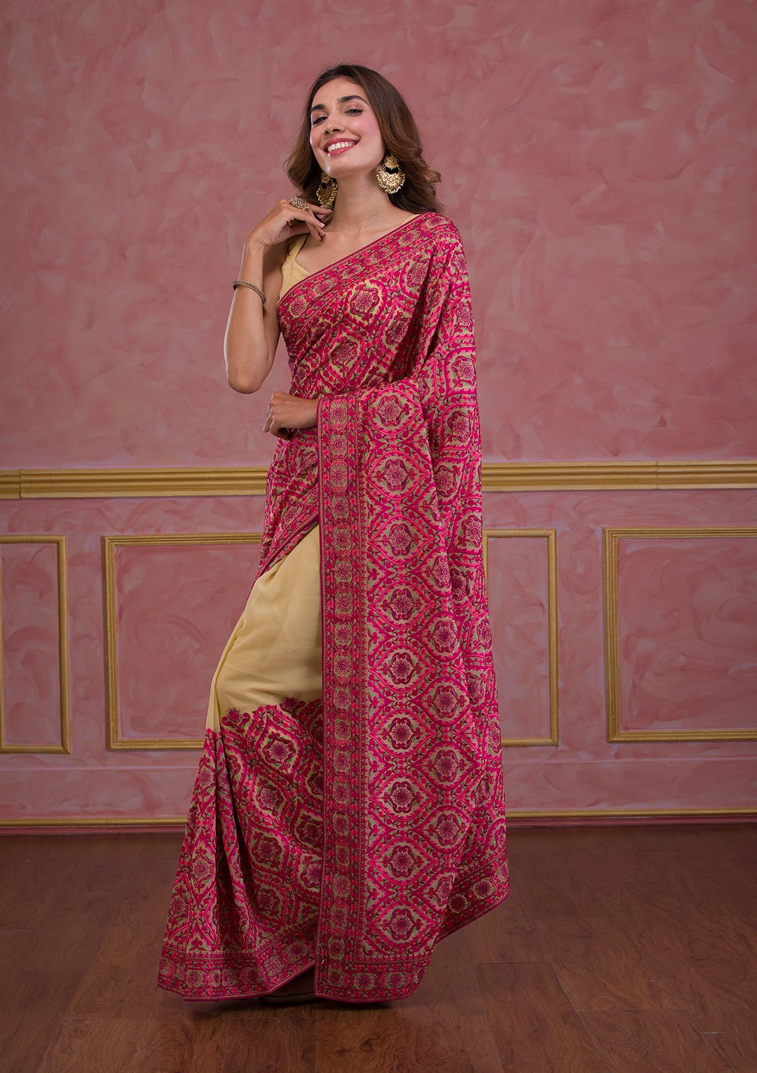 Beige Threadwork Georgette Saree-Koskii