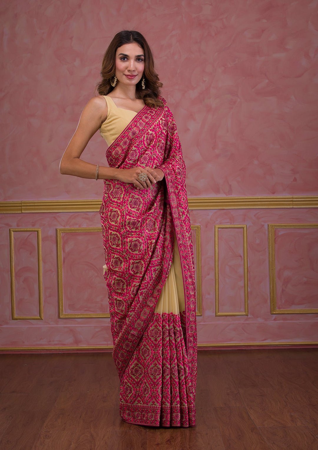 Beige Threadwork Georgette Saree-Koskii