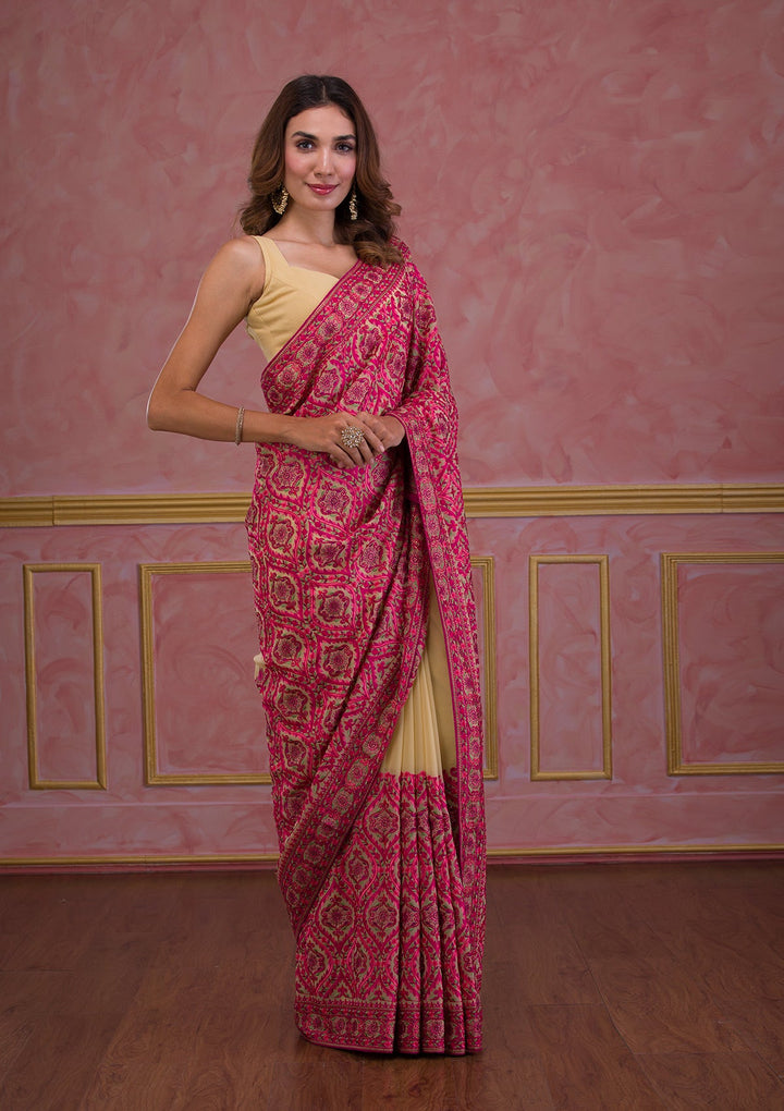 Beige Threadwork Georgette Saree-Koskii