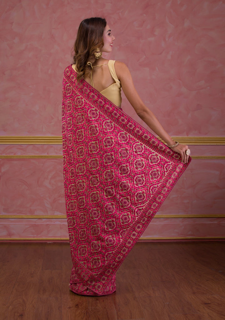 Beige Threadwork Georgette Saree-Koskii