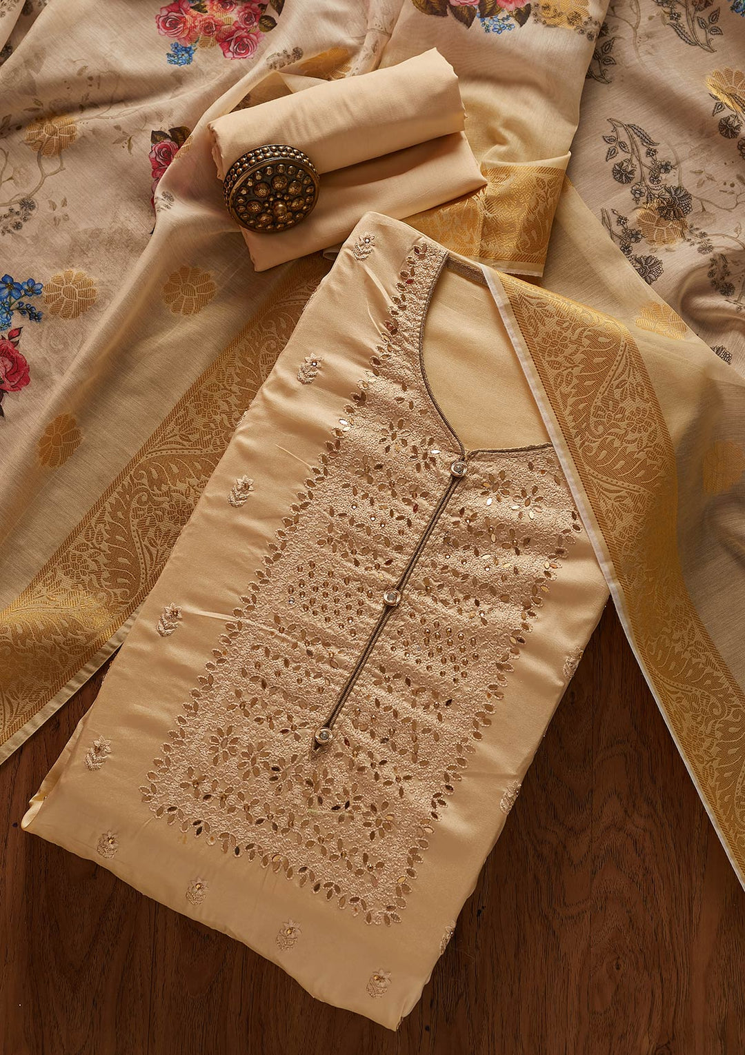 Beige Threadwork Semi Crepe Designer Unstitched Salwar Suit - koskii