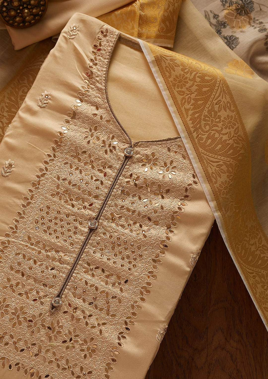 Beige Threadwork Semi Crepe Designer Unstitched Salwar Suit - koskii