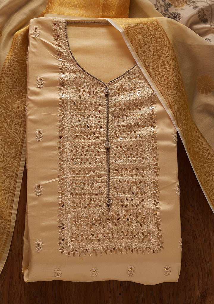 Beige Threadwork Semi Crepe Designer Unstitched Salwar Suit - koskii
