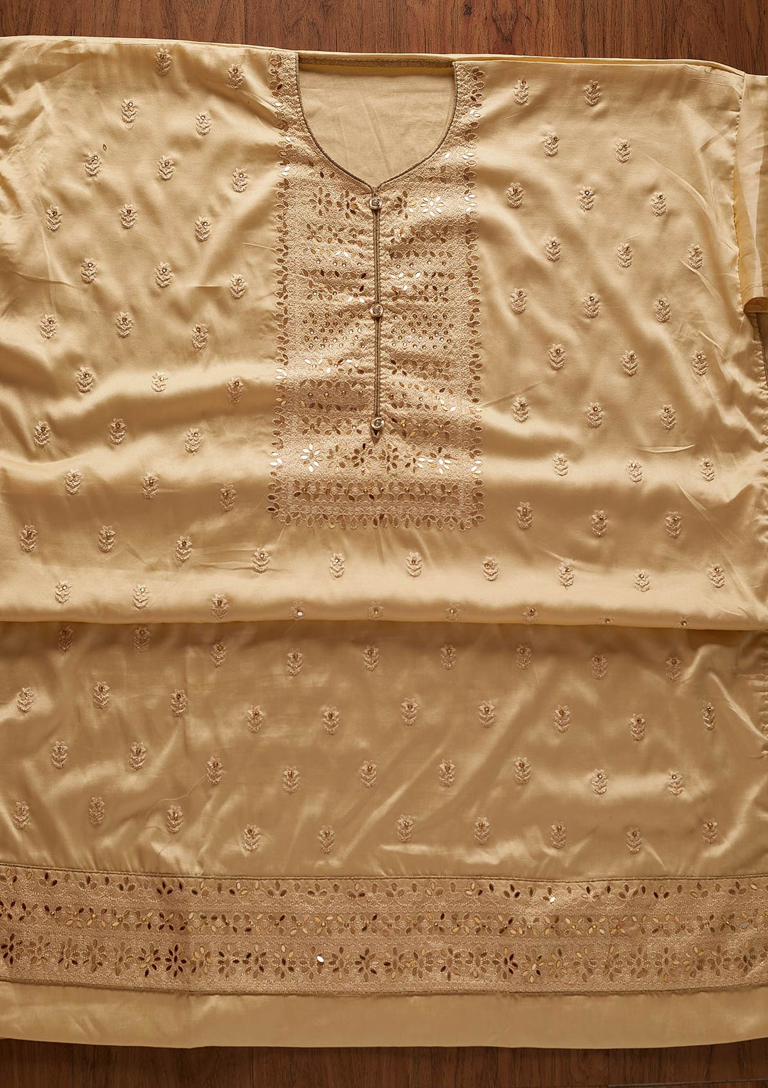 Beige Threadwork Semi Crepe Designer Unstitched Salwar Suit - koskii
