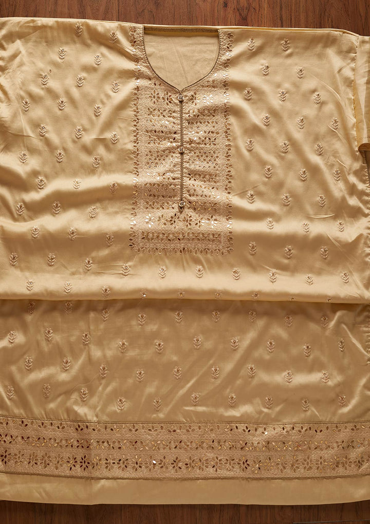 Beige Threadwork Semi Crepe Designer Unstitched Salwar Suit - koskii
