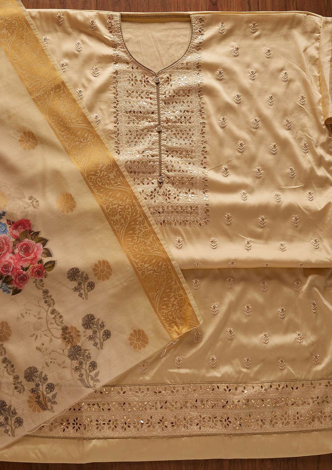 Beige Threadwork Semi Crepe Designer Unstitched Salwar Suit - koskii